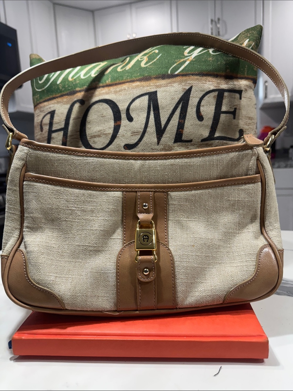 Bag Etienne Aigner linen purse Beige Canvas and Tan Leather Shoulder